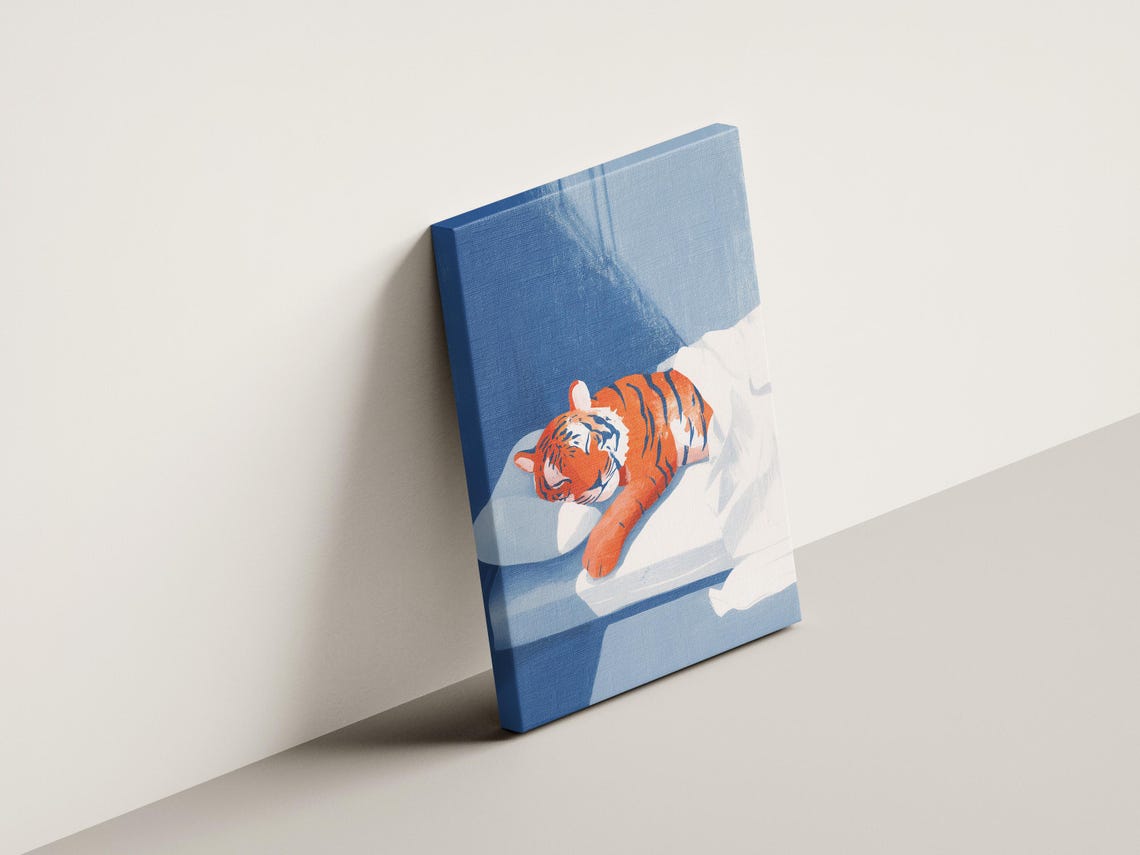 Sleeping Tiger Cub on White Bed Blue Duvet Matisse Style Poster - Image 4