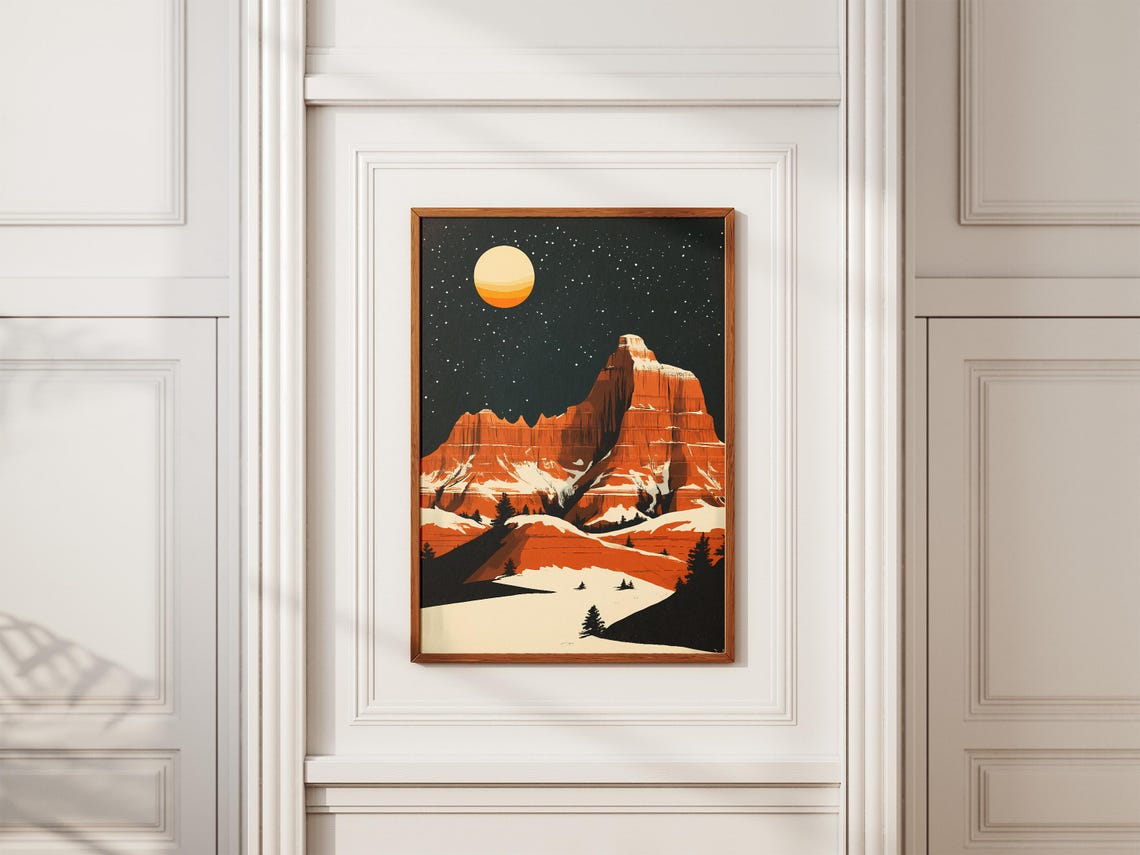 Badlands Snowy Orange Striped Buttes Under Full Moon Night Poster - Image 2