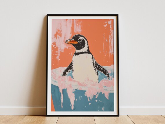 Penguin in a Bathtub with Pink Foam Cute Animal Art Wall Poster