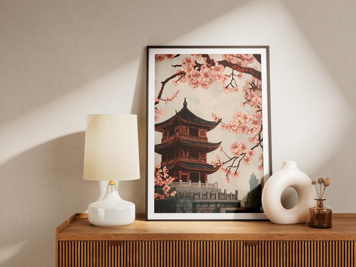 Japanese Temple Cherry Blossom Poster Asian Art Print Oriental Pagoda Pink Flower Zen Garden Decor Asian Decor Japanese Print Traditional - Image 5