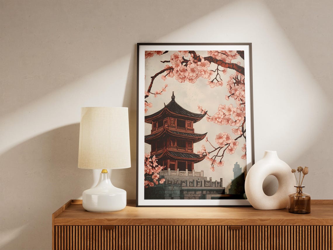 Red Pagoda Temple Cherry Blossom Branches Japanese Art Poster - Image 5