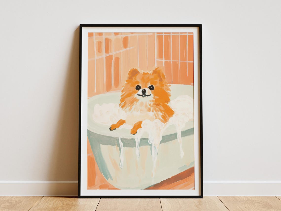 Fluffy Pomeranian Bubble Bath Peach Tile Painterly Dog Poster