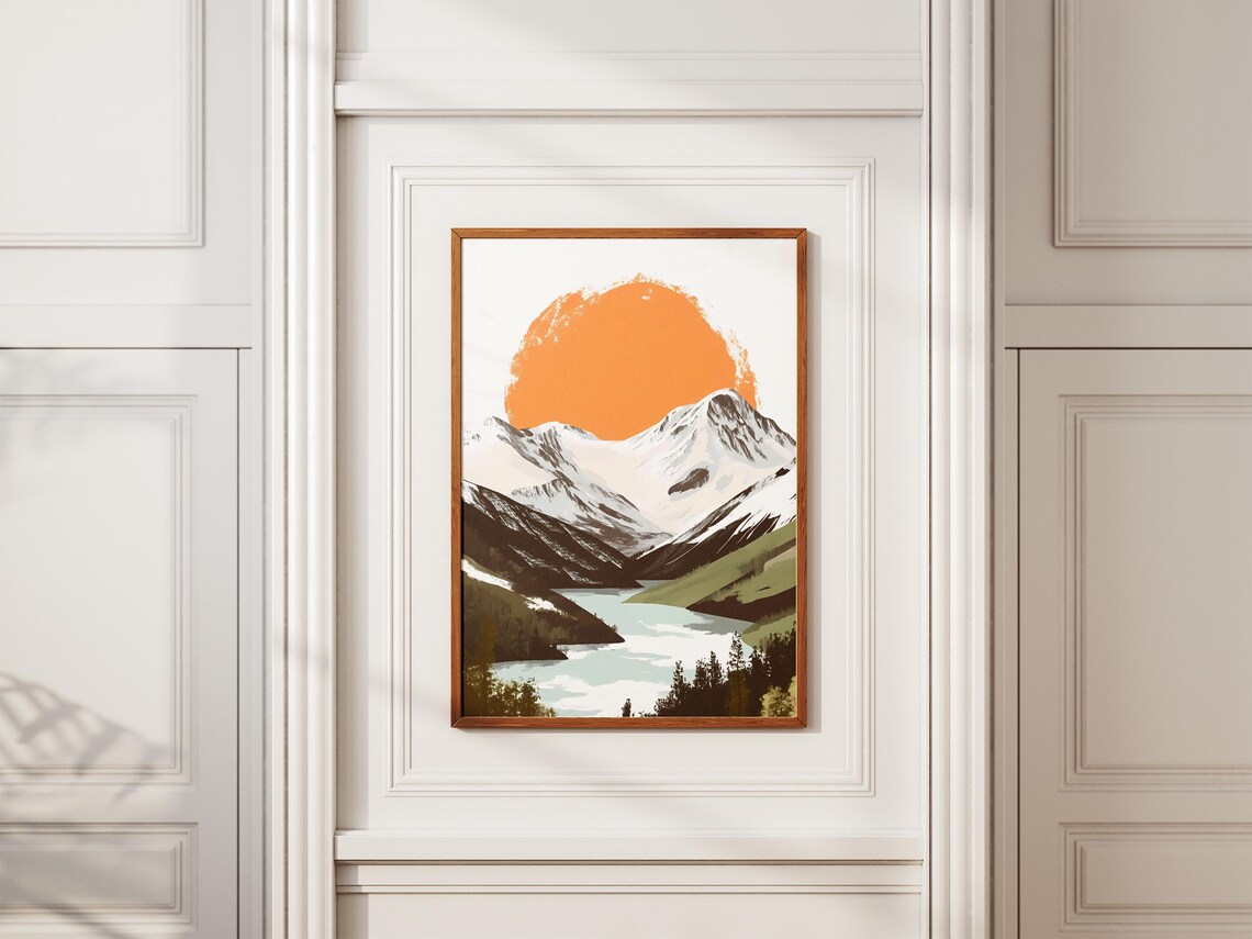 Brushstroke Sun Over Snowy Mountains Alpine Lake Scenic Poster - Image 2