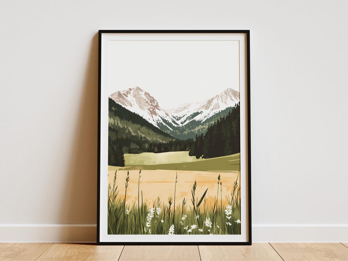 Snow-Capped Mountain Valley Lake With Wildflower Foreground Poster