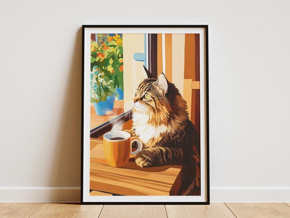 Curl Cat Poster Cozy Cafe Art Print Kitten Wall Decor Coffee Lover Gift Cute Illustration Pet Portrait