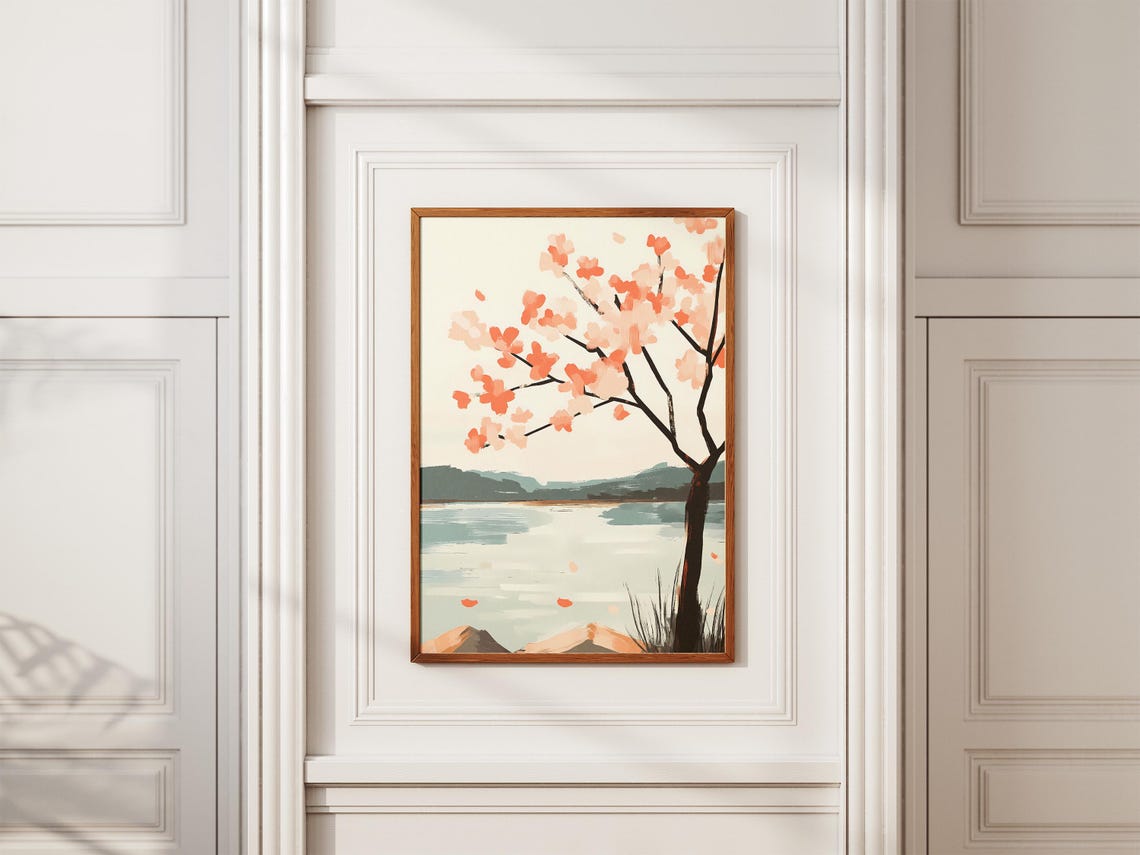 Cherry Blossom Tree by a Calm River with Falling Petals Poster - Image 2