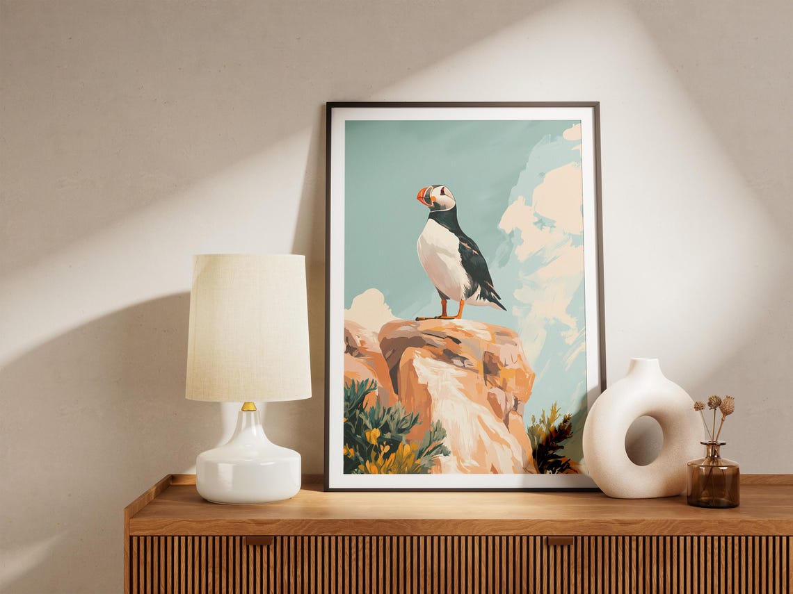 Puffin on Seaside Rocks Under a Teal Sky Coastal Bird Poster - Image 5