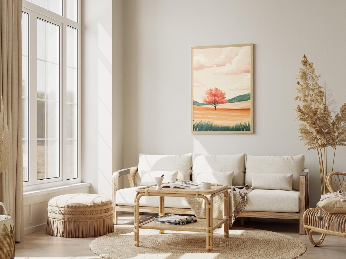 Solitary Orange Blossom Tree In Golden Field Landscape Poster - Image 4
