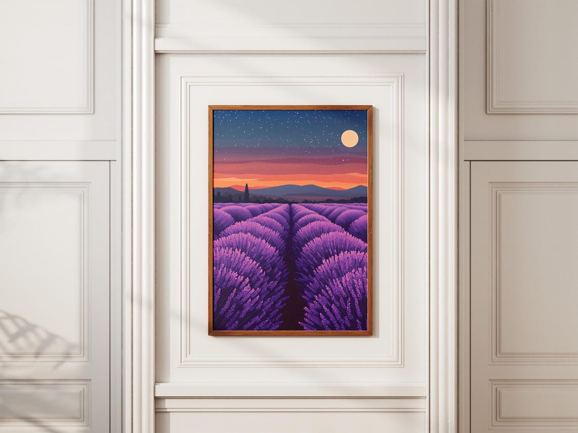 Purple Lavender Field Under Night Sky Poster With Moon and Stars - Image 2