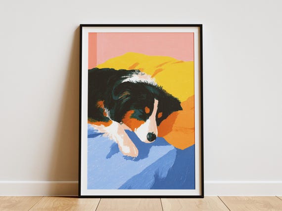 Cozy Australian Shepherd Dog Sleeping Art Print Matisse Inspired Pet Portrait Colorful Modern Canine Wall Decor For Bedroom Or Living Room
