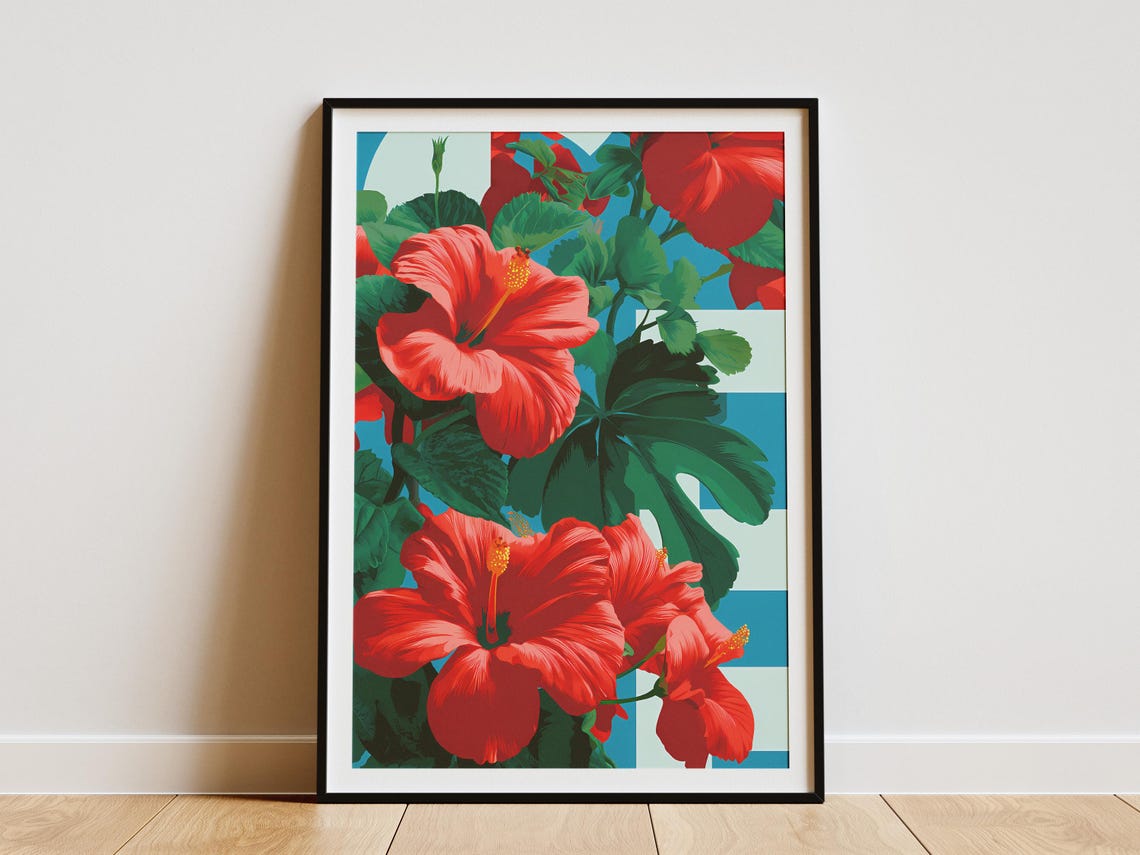 Red Hibiscus Tropical Flower Pop Art Bold Striped Botanical Poster