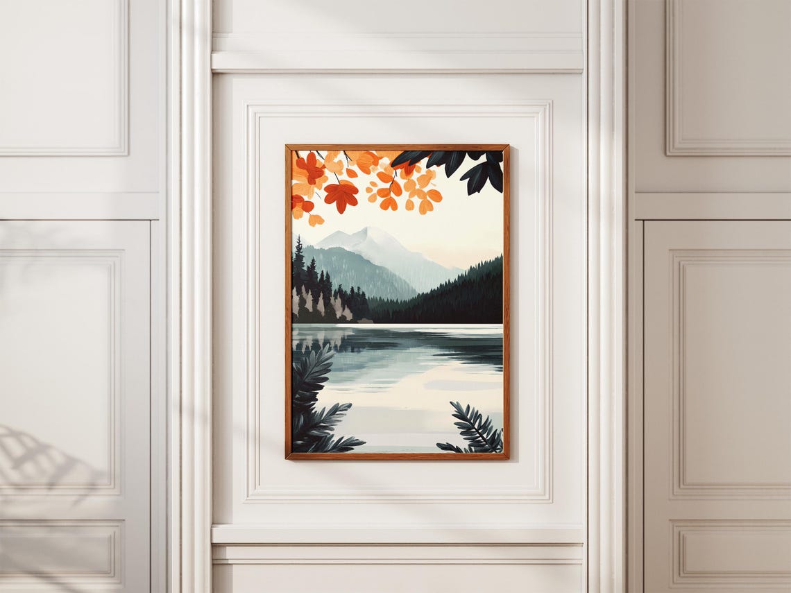 Misty Mountain Lake With Falling Autumn Leaves Landscape Art Poster - Image 2