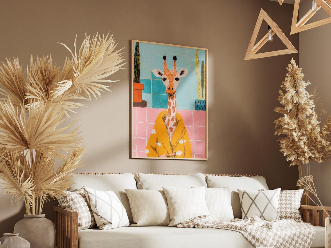 Sunny Giraffe In Yellow Polka Dot Bathrobe With Cacti Poster - Image 3