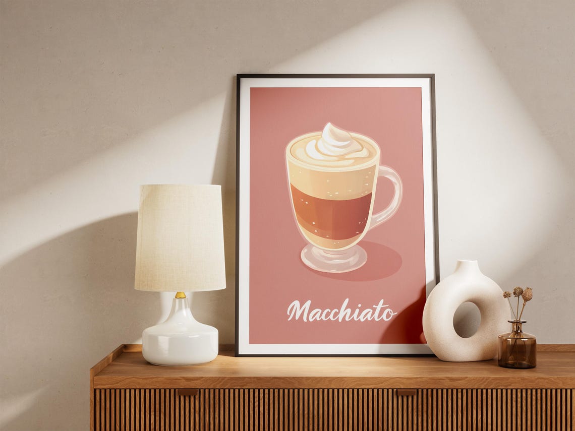 Macchiato Pink Background Layered Coffee Illustration Poster - Image 5