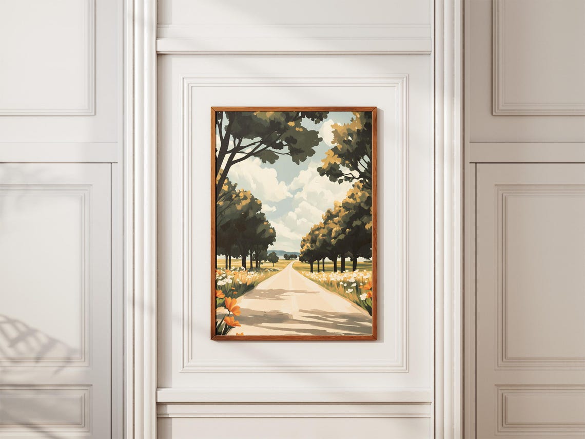 Tree Lined Country Road Through Wildflower Fields Landscape Poster - Image 2