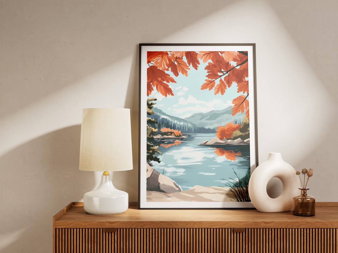 Fiery Red Autumn Leaves Framing A Turquoise Lake Landscape Poster - Image 5