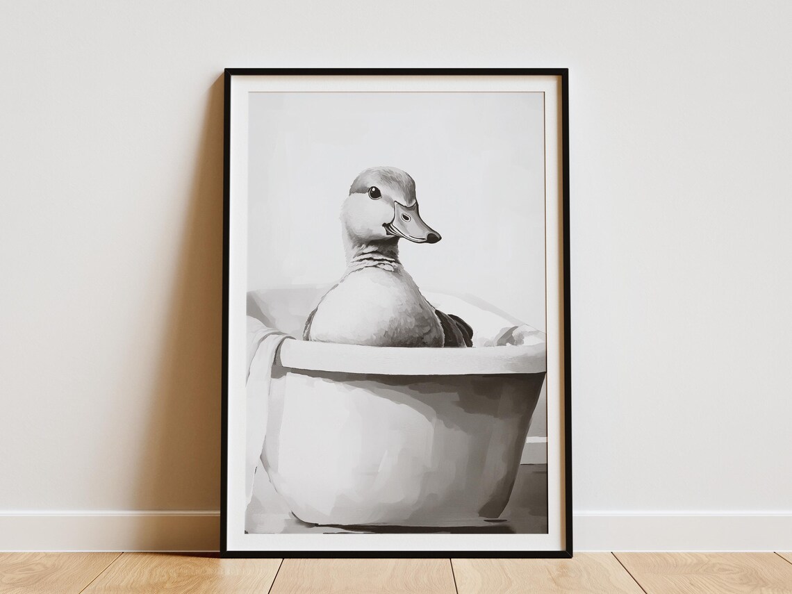 Duck In Bathtub Poster Black And White Funny Animal Bathroom Decor