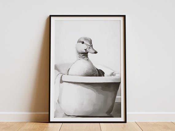 Duck In Bathtub Poster Bathroom Wall Decor Funny Animal Print Quirky Art Farmhouse Unique Gift Minimalist Style Modern
