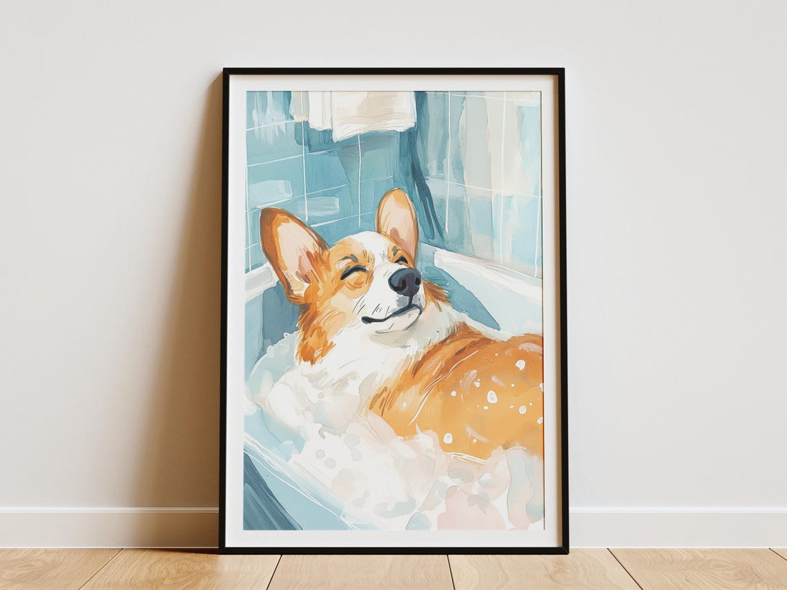 Cute Happy Corgi Bubble Bath Watercolor Blue Smiling Dog Poster