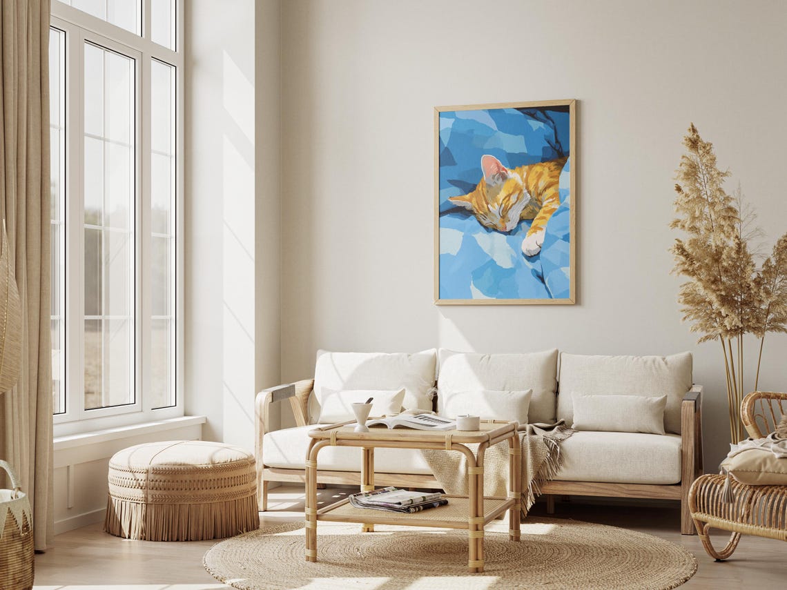 Orange Kitten Sleeping on Blue Blanket Cute Cozy Cat Art Poster - Image 3