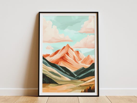 Orange Mountain Range Posterabstract Landscape Printmodern Minimalist Wall Artbohemian Decornature Artcream And Teal Posterhome Decor