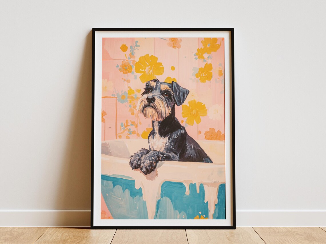 Miniature Schnauzer Bubble Bath Pink Floral Wallpaper Art Poster