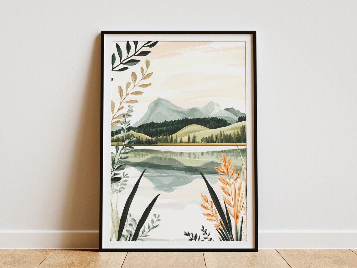 Botanical Lake Reeds Misty Mountains Serene Nature Art Poster