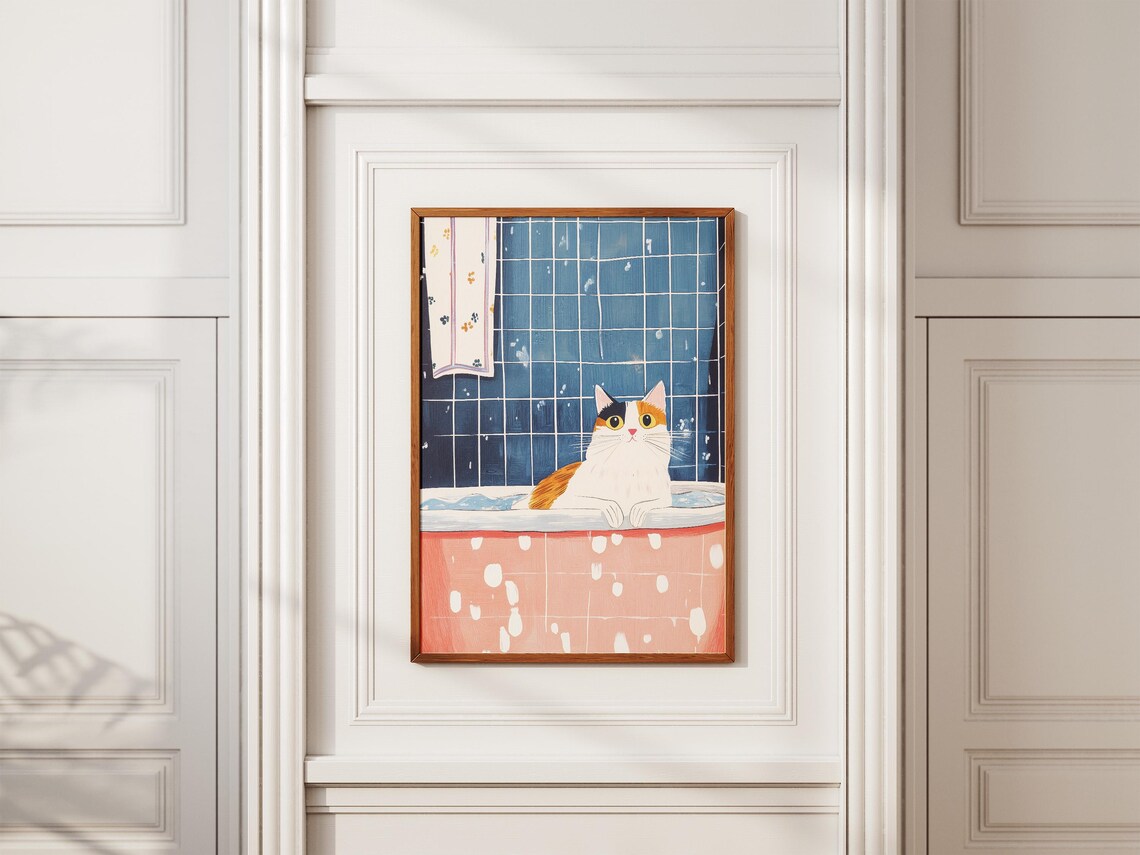Calico Cat In Bubble Bath Poster Funny Pet Art For Bathroom Home Decor - Image 2