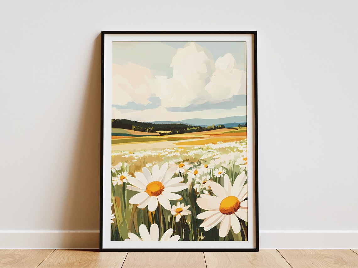White Daisy Field Golden Farmland Forest Horizon Spring Art Poster