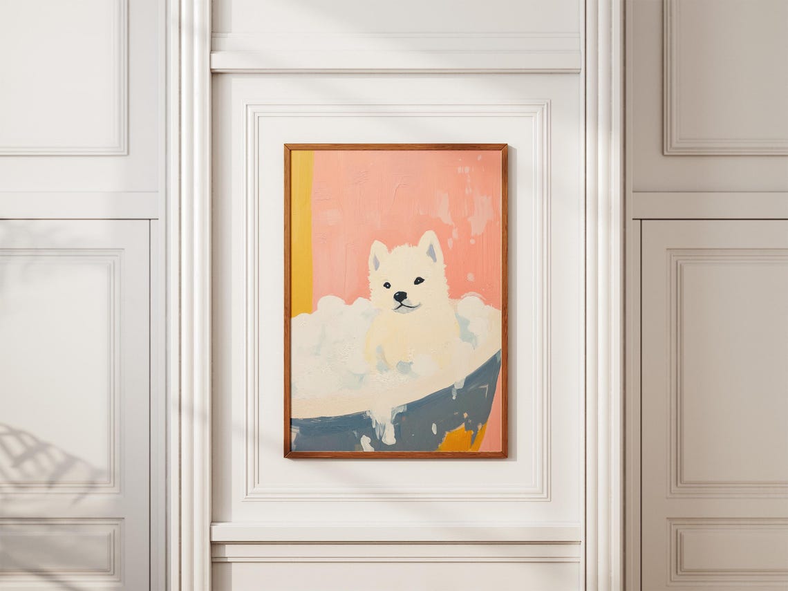 Sweet Cute White Fluffy Puppy Bubble Bath Pink Nursery Poster - Image 2