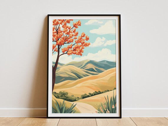 Orange Tree Hill Landscape Poster Modern Minimalist Art Print Nature Wall Decor Abstract Landscape Painting Golden Hour Print Bohemian