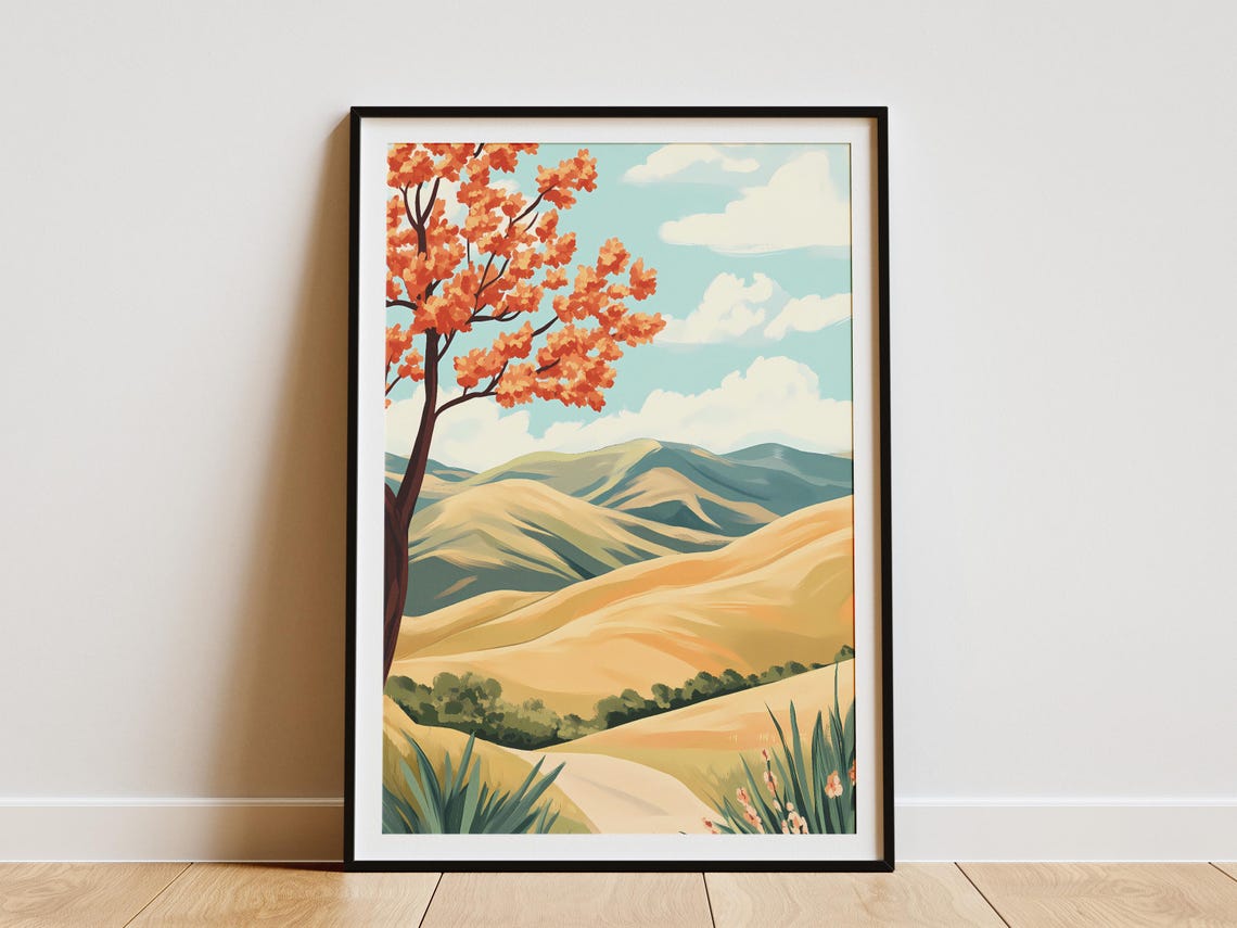 Orange Blossom Tree Over Golden Rolling Hills Landscape Poster