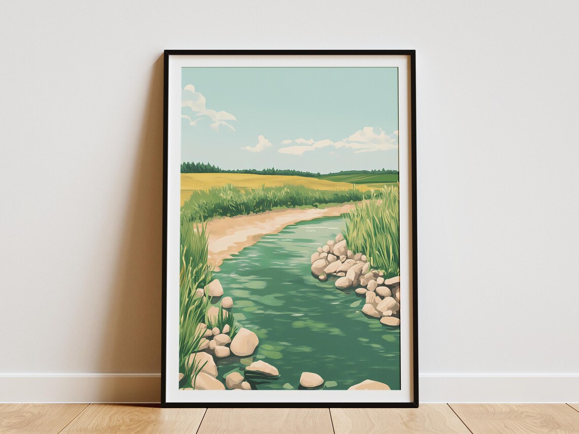 Green Summer River Rocks Grasses Golden Field Countryside Art Poster