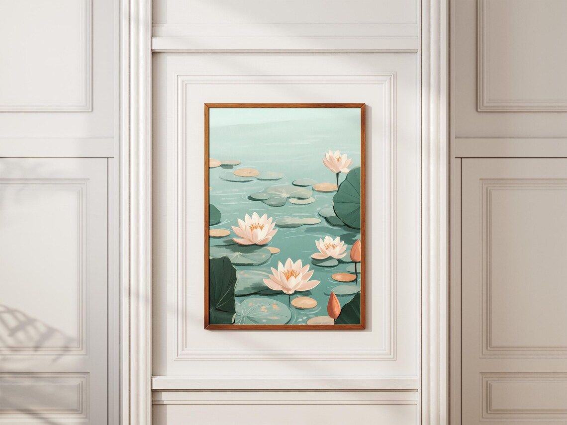 Pale Pink Water Lilies on a Teal Pond Poster With Lily Pads Calm - Image 2