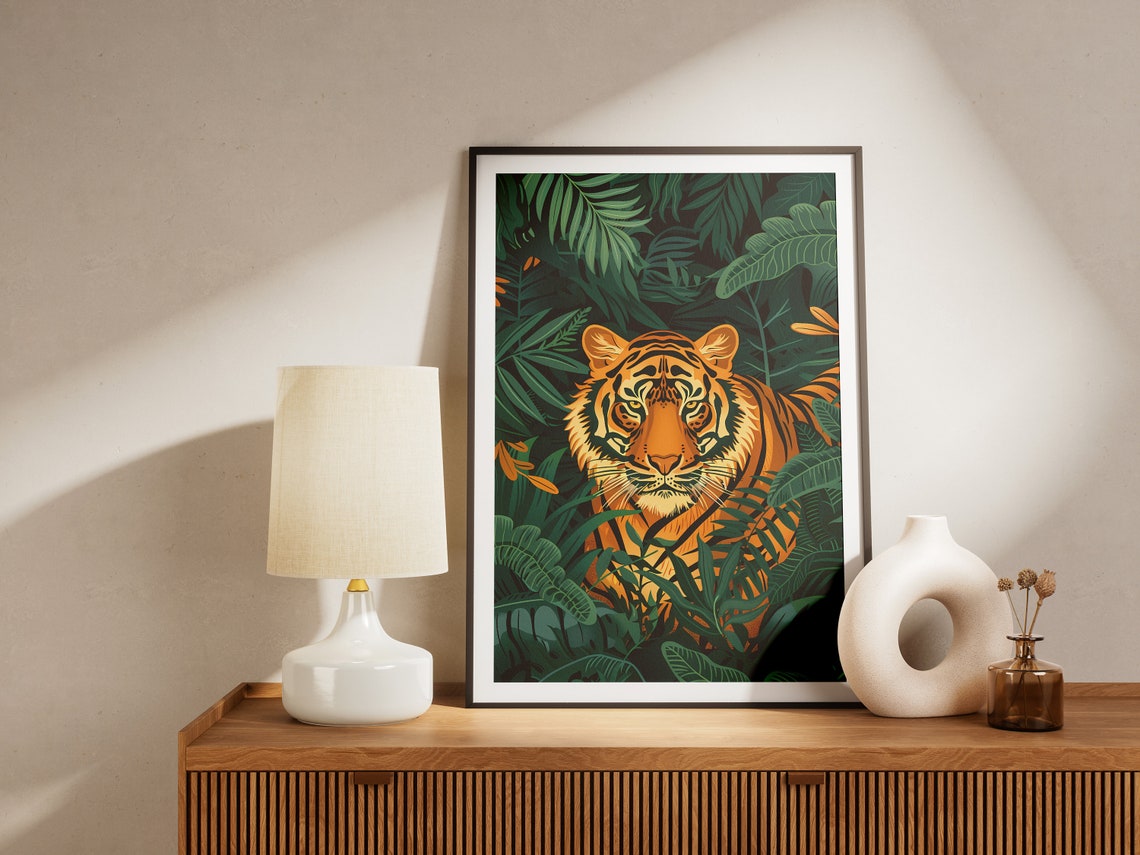 Jungle Tiger Portrait Dense Green Foliage Vintage Animal Poster - Image 2