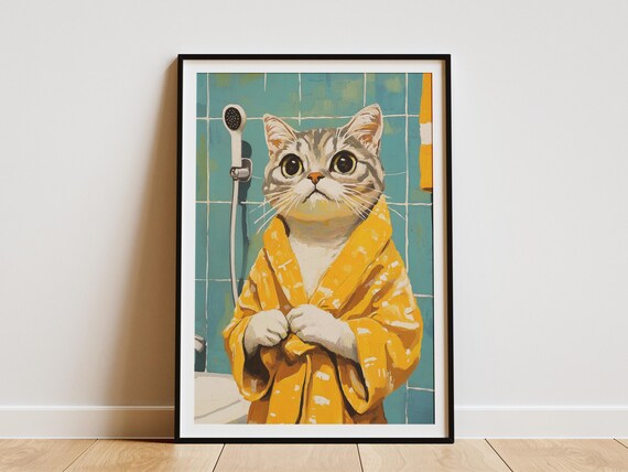 Cute Tabby Cat Yellow Bathrobe Shower Scene Bathroom Art Poster
