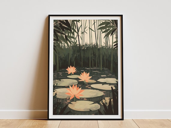 Bamboo Forest Pond Peach Lotus Lily Pads Asian Zen Art Poster