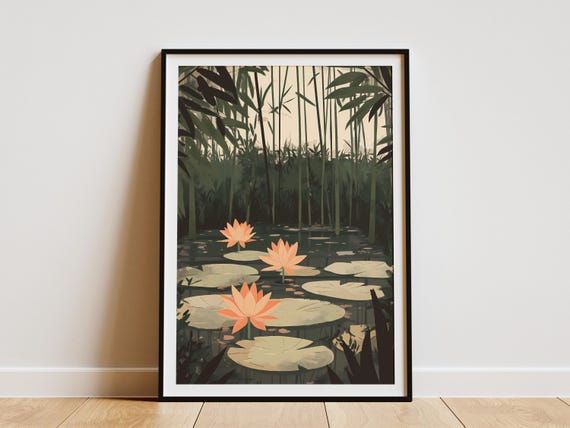 Pond Bamboo Forest Poster Print Botanical Wall Art Asian Zen Garden Decor Home Calm Nature Peaceful Water Lily