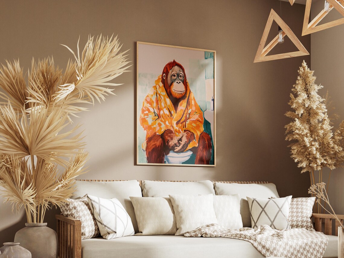 Orangutan in Orange Bathrobe Sitting on Toilet Funny Animal Poster - Image 3