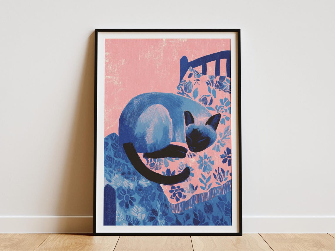 Siamese Cat Sleeping on Floral Bed Matisse Style Blue Pink Poster - Image 4