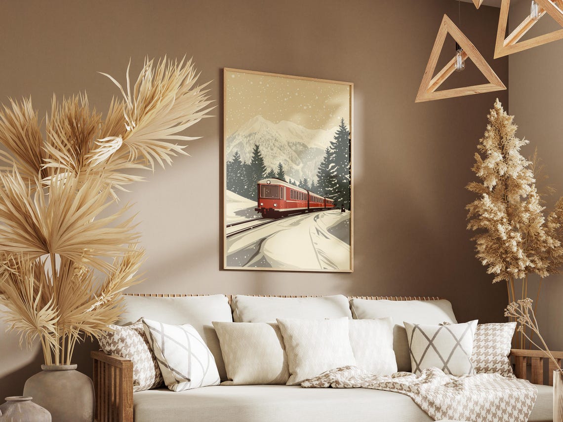 Vintage Red Train Crossing a Snowy Mountain Landscape Travel Poster - Image 3