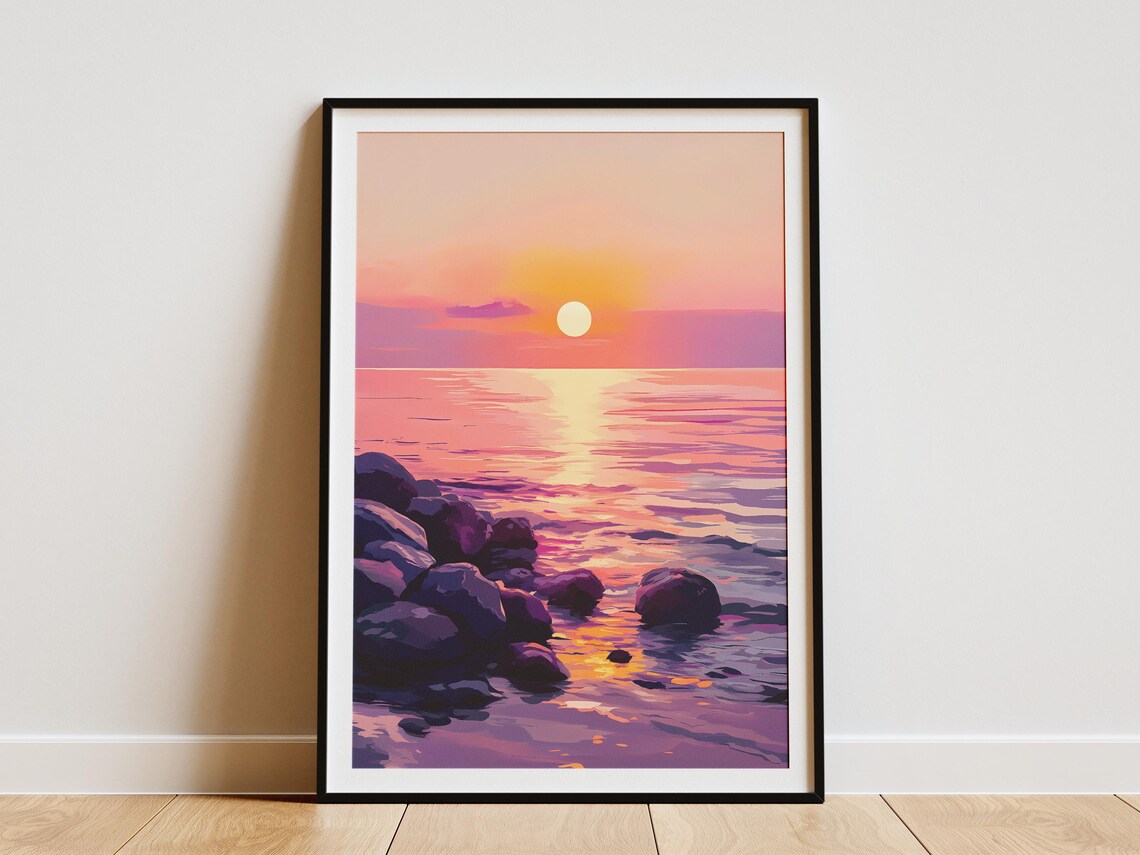 Pink and Purple Sunset Over a Rocky Shore and Calm Sea Poster