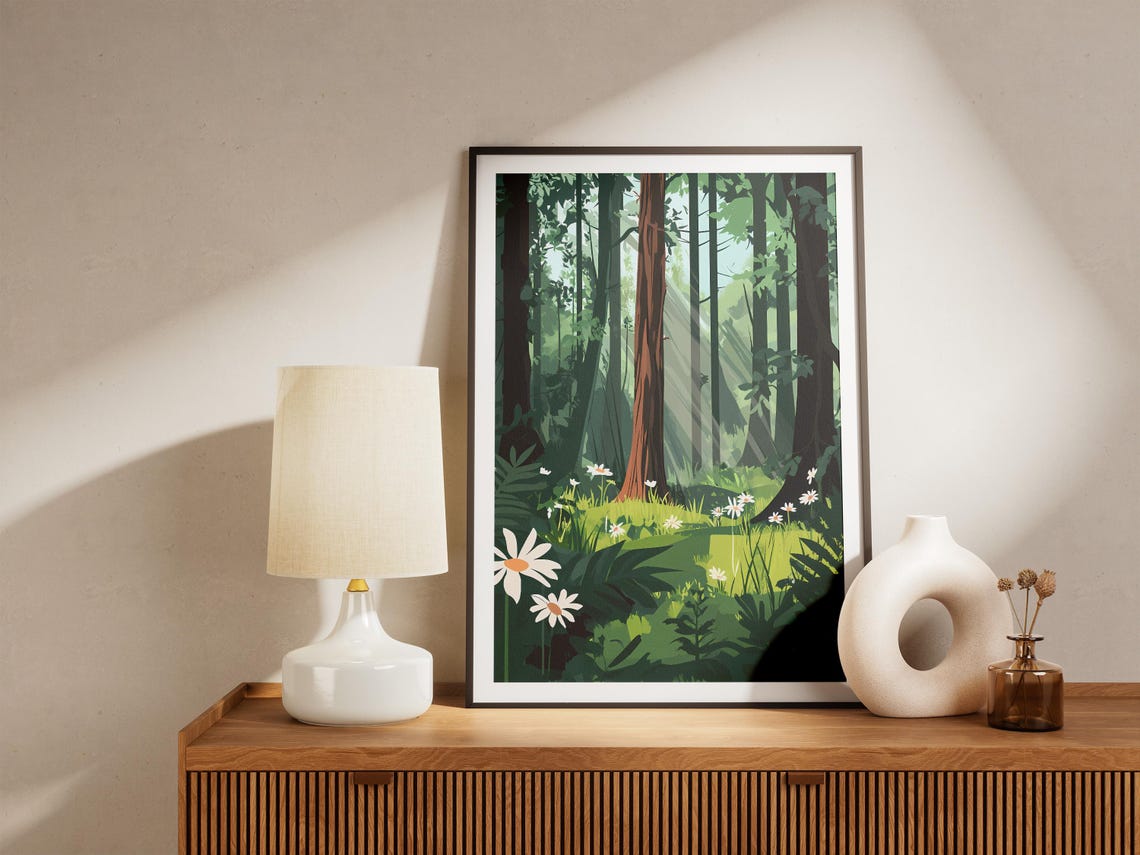 Sunlit Redwood Forest Clearing Daisy Meadow Botanical Poster - Image 5