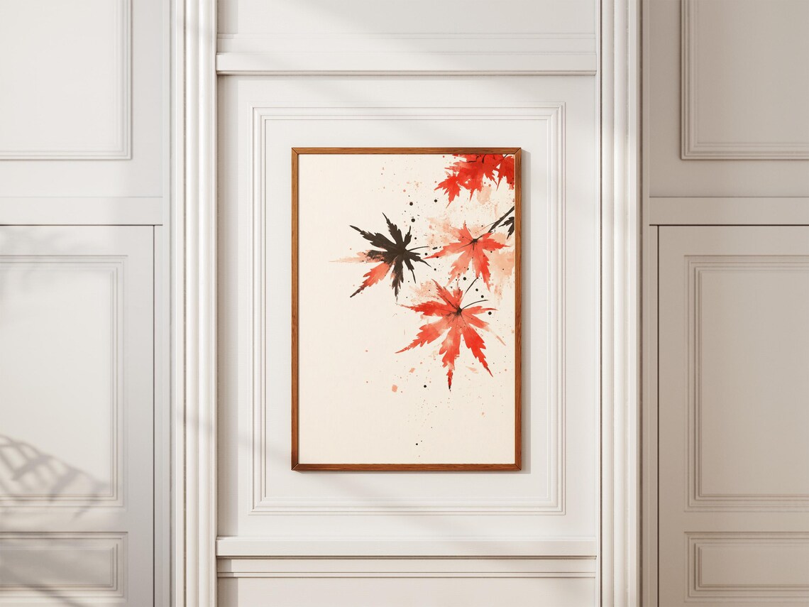 Red Japanese Maple Leaves Sumi E Ink Watercolor Botanical Art Poster - Image 2