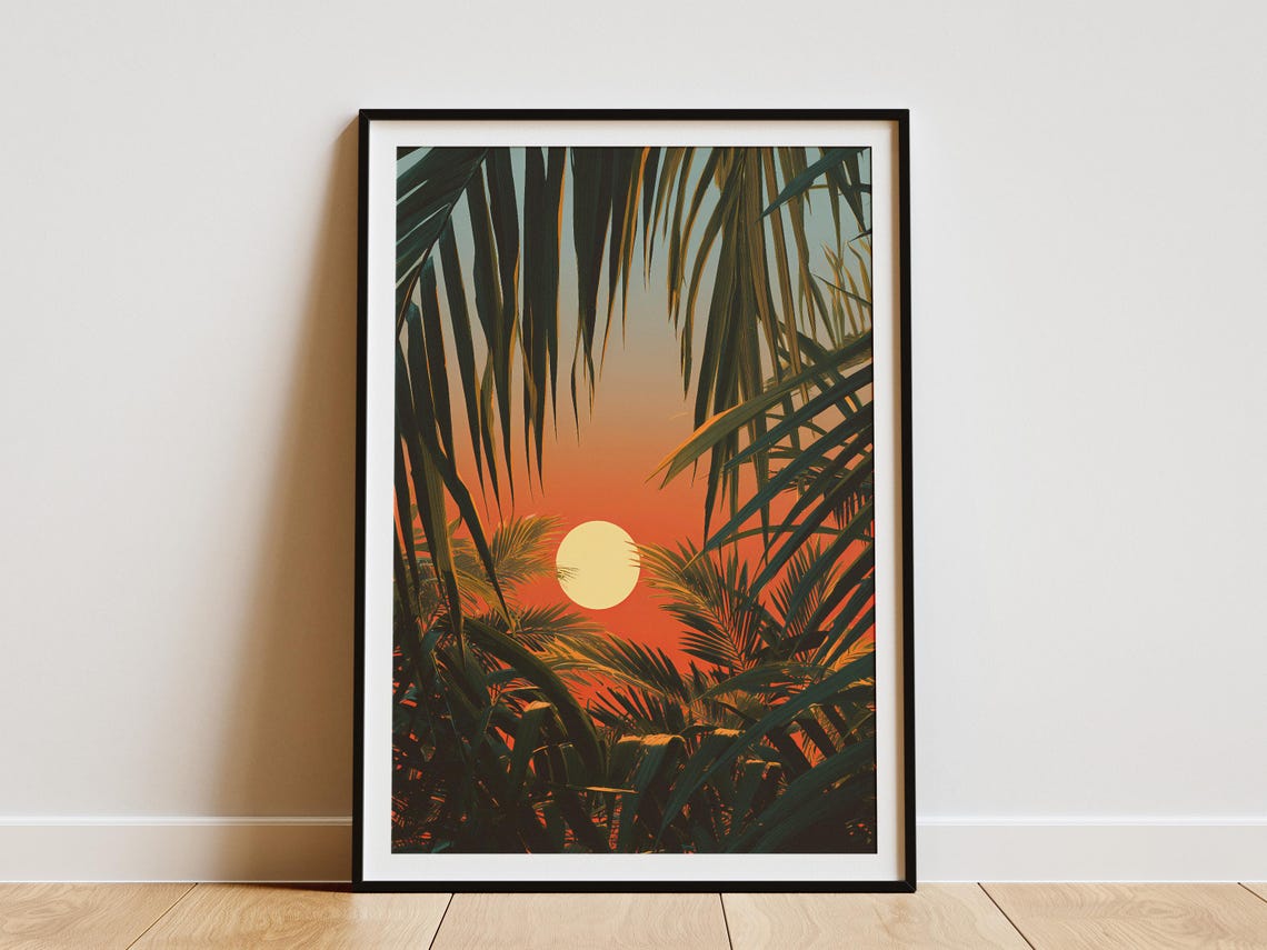 Sunset Through Palm Fronds Tropical Orange Sun Moody Jungle Art Poster