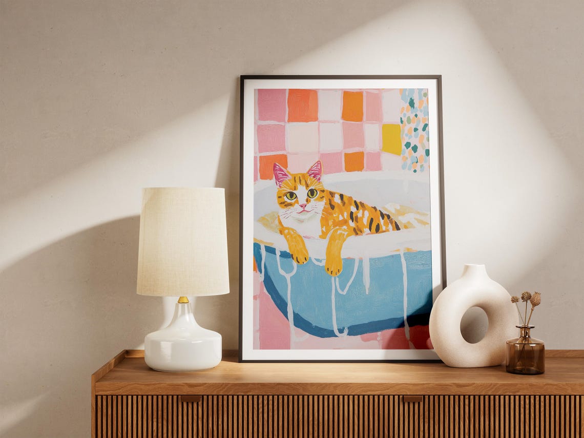 Savannah Cat Bubble Bath Colorful Pink Orange Tile Art Poster - Image 4