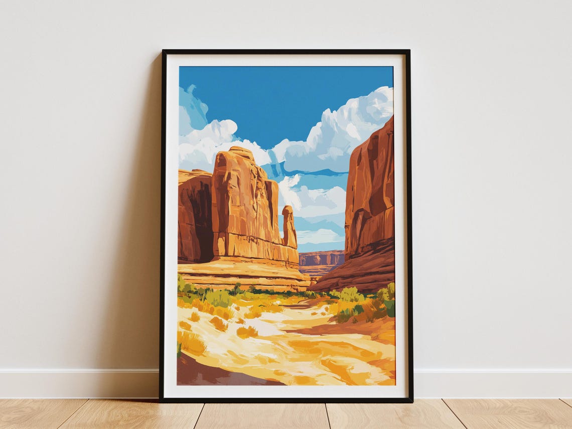 Arches Desert Red Rock Tower Formations Blue Sky Travel Poster