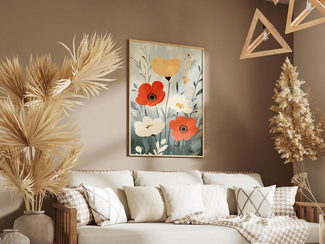 Red White Orange Anemone Wildflowers in Soft Watercolor Art Poster - Image 3