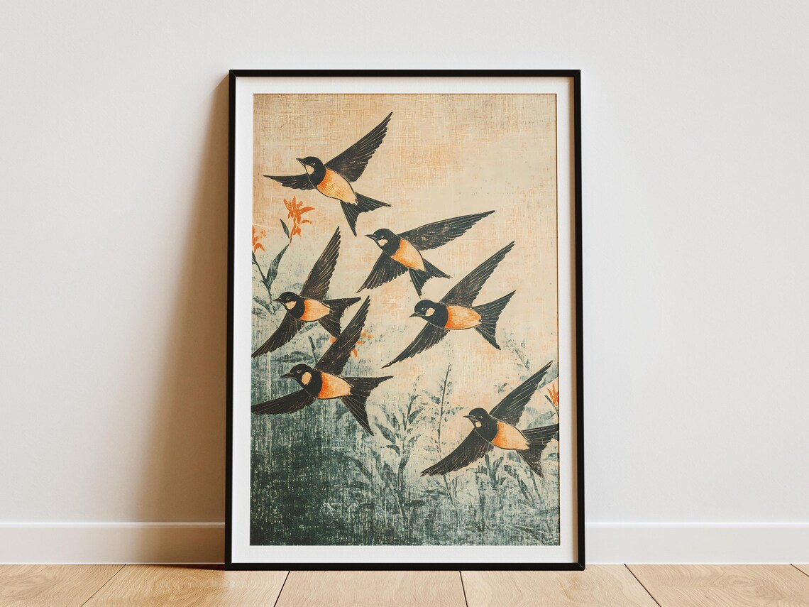Six Black Orange Swallows In Flight Over Reeds Woodblock Poster