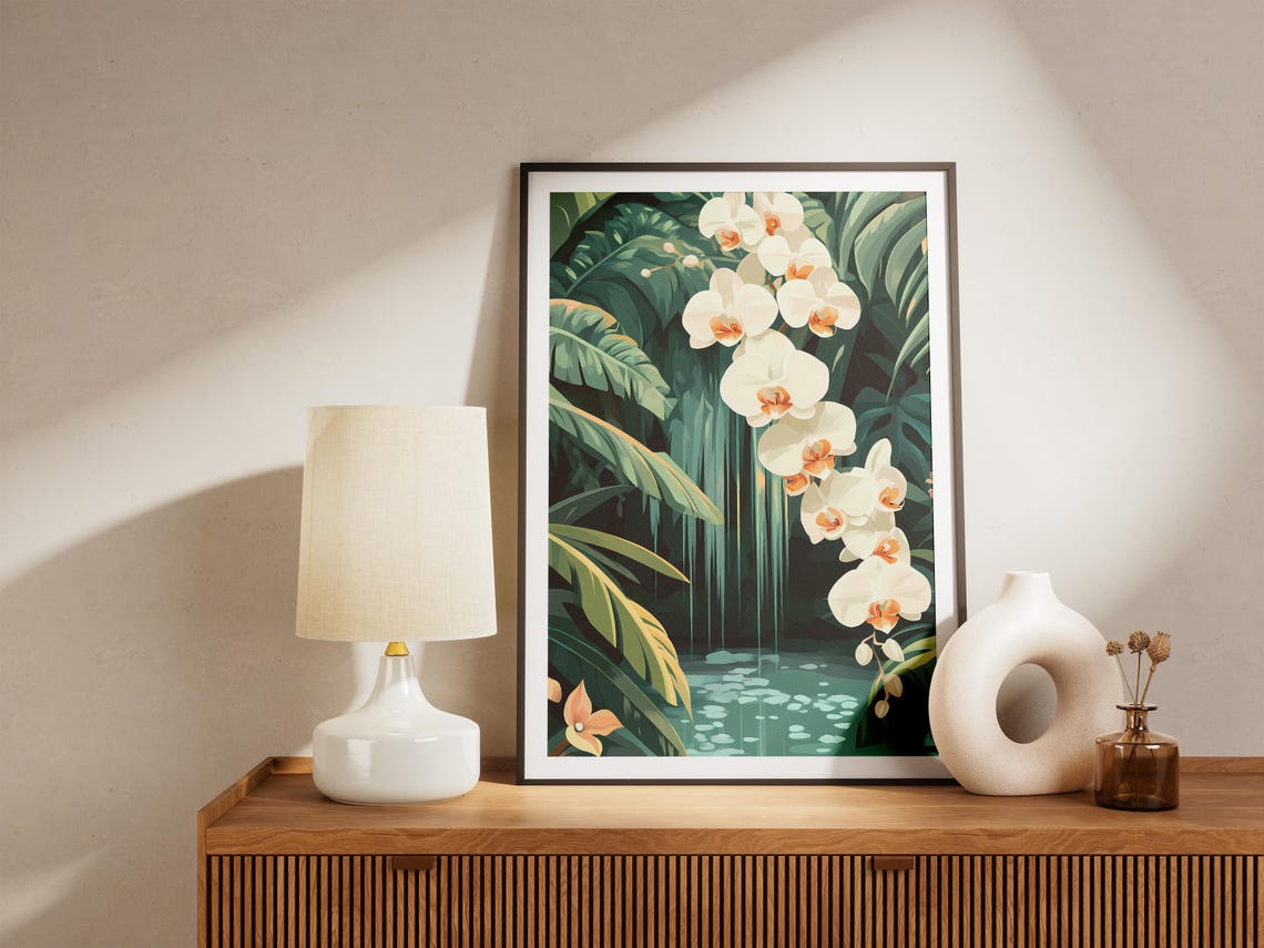 White Orchid Spray in a Tropical Rainforest Waterfall Poster - Image 5